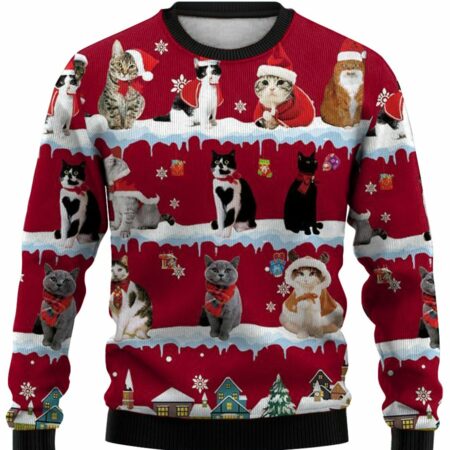 Christmas Cute Cat Print Crew Neck Sweatshirt