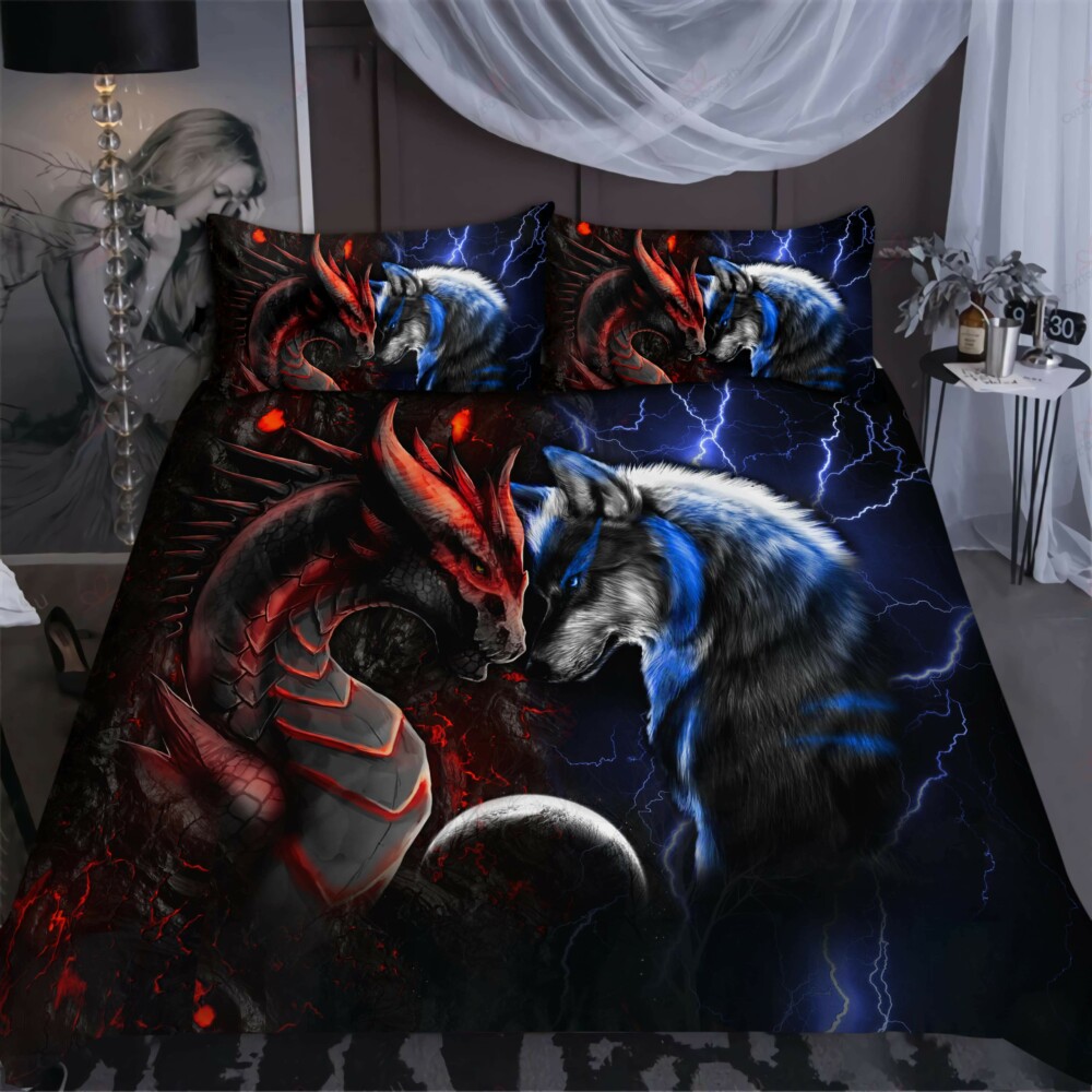 Dragon Red And Blue And Wolf Wer Amazing Style - Bedding Cover - Owl Ohh - Owl Ohh