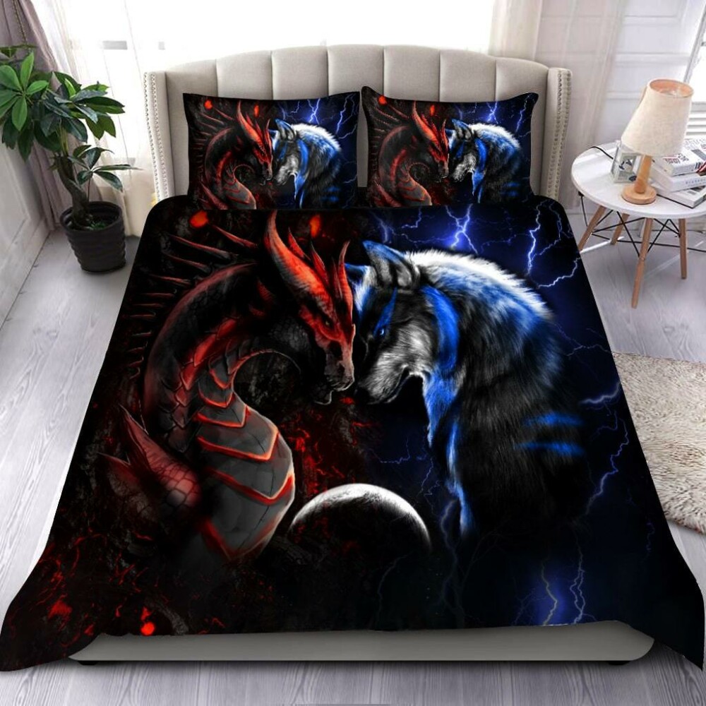 Dragon Red And Blue And Wolf Wer Amazing Style - Bedding Cover - Owl Ohh - Owl Ohh