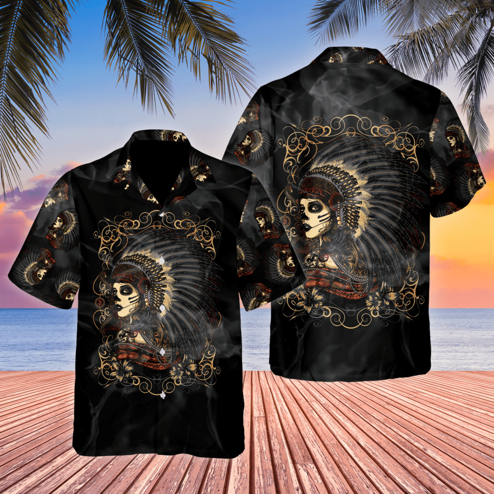 Native Girl Skull Style Dark - Hawaiian Shirt - Owl Ohh - Owl Ohh