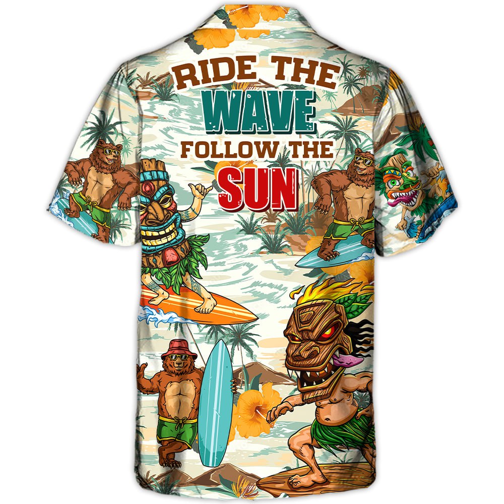 Surfing Funny Bear And Tiki Ride The Wave Follow The Sun Lovers Surfing - Hawaiian Shirt - Owl Ohh-Owl Ohh