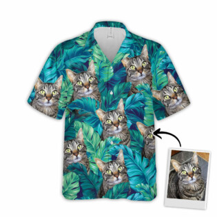 Custom Hawaiian Shirt With Pet Face | Personalized Gift For Pet Lovers | Turquoise And Blue Tropical Leaves Pattern Aloha Shirt