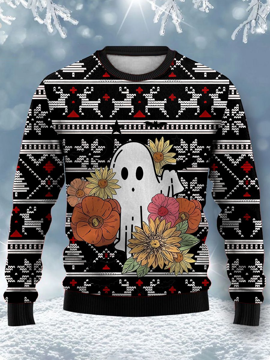 Playful Crew Neck Sweatshirt with Ghost Pattern