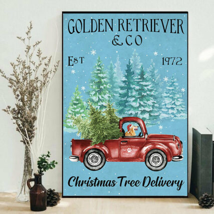 Golden Retriever Christmas Tree Delivery Blue Style - Vertical Poster - Owl Ohh - Owl Ohh