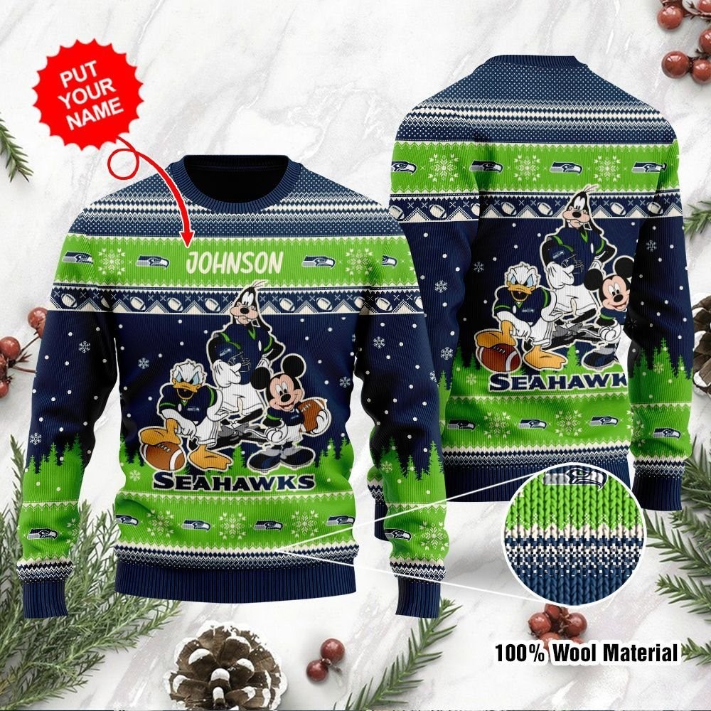 Seattle Seahawks Disney Donald Duck Mickey Mouse Goofy Ugly Christmas Sweaters - OwlOhh