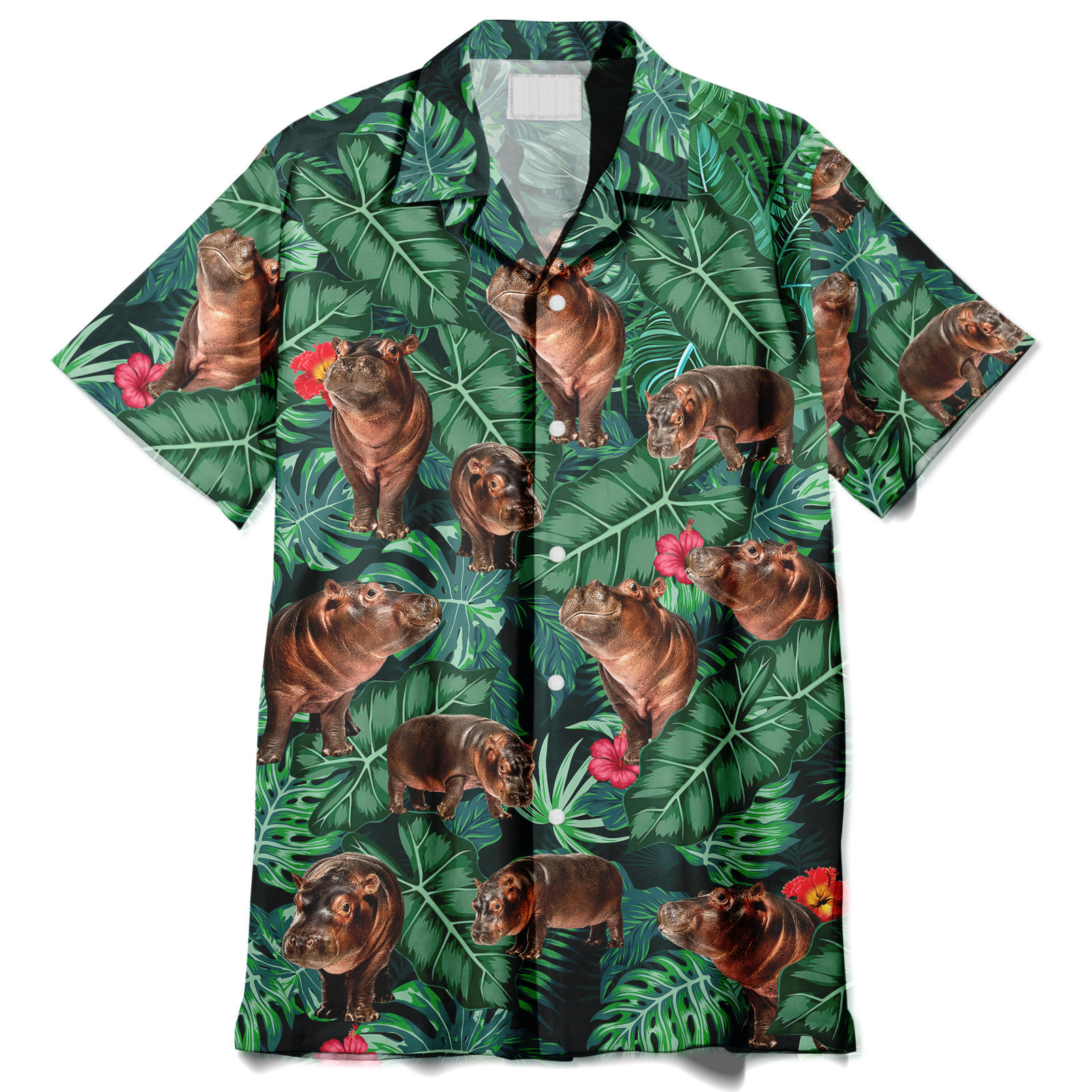 Tropical Hippo –  Casual Button Down Short Sleeve Shirt – For Men and Women- Kids – OwlOhh