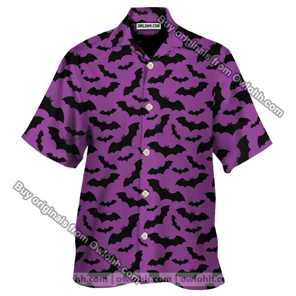 Purple And Black Halloween Bat Print Men’s Short Sleeve Shirt