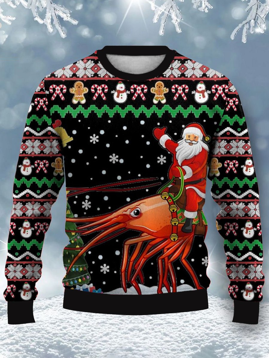 Santa Claus Riding a Lobster Print Crew Neck Sweatshirt